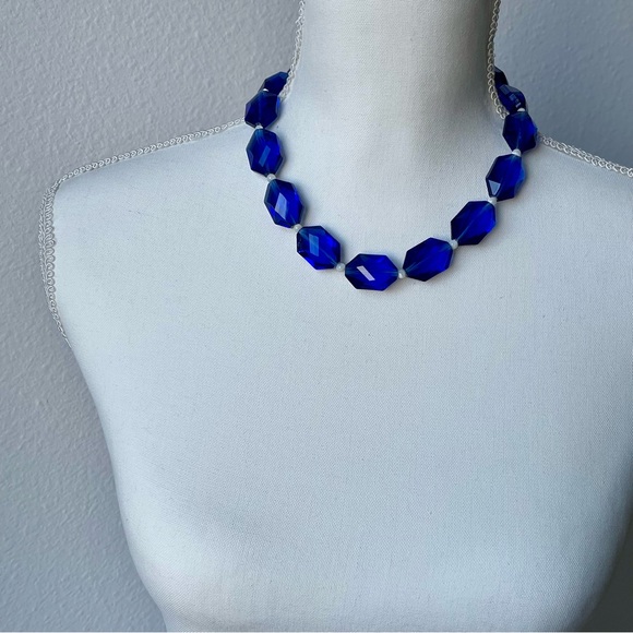 Chunky Faceted Oval Blue Glass Mother Of Pearl Bead Spacer 925 Clasp Necklace - Picture 11 of 14